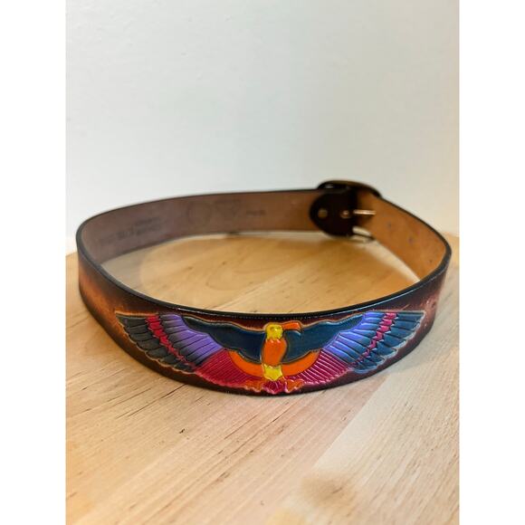 Vintage 90s Painted Eagle Genuine Leather Brass Buckle Belt Size Small main image 5